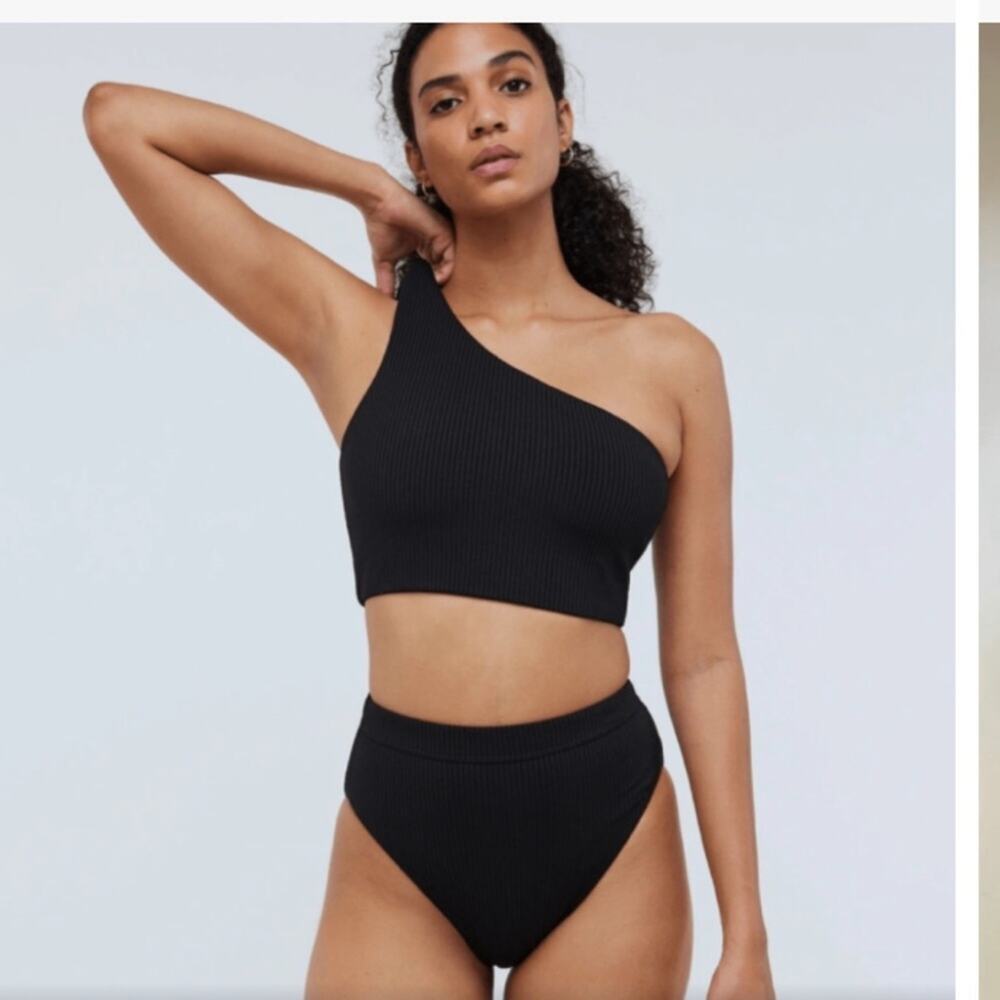 Madewell Ribbed One-Shoulder Longline Bikini Top Black Size Small